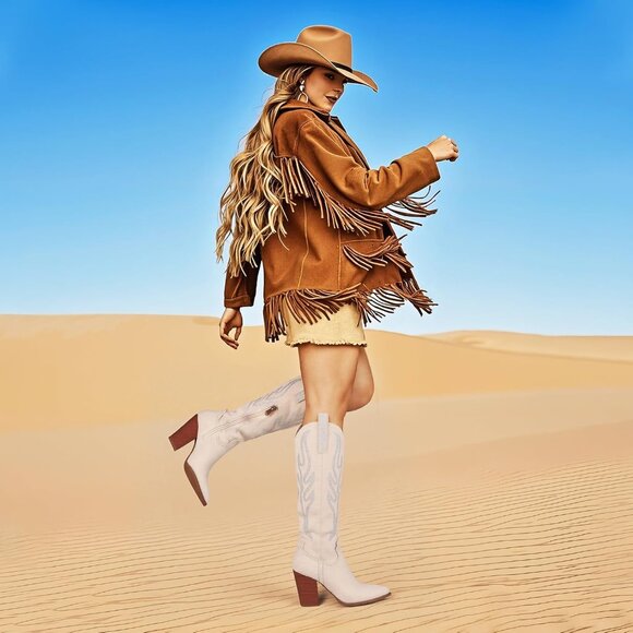 Women Suede Beige Rhinestones Embroidered Side Zip Pointed Toe Knee High Boots - Picture 4 of 6